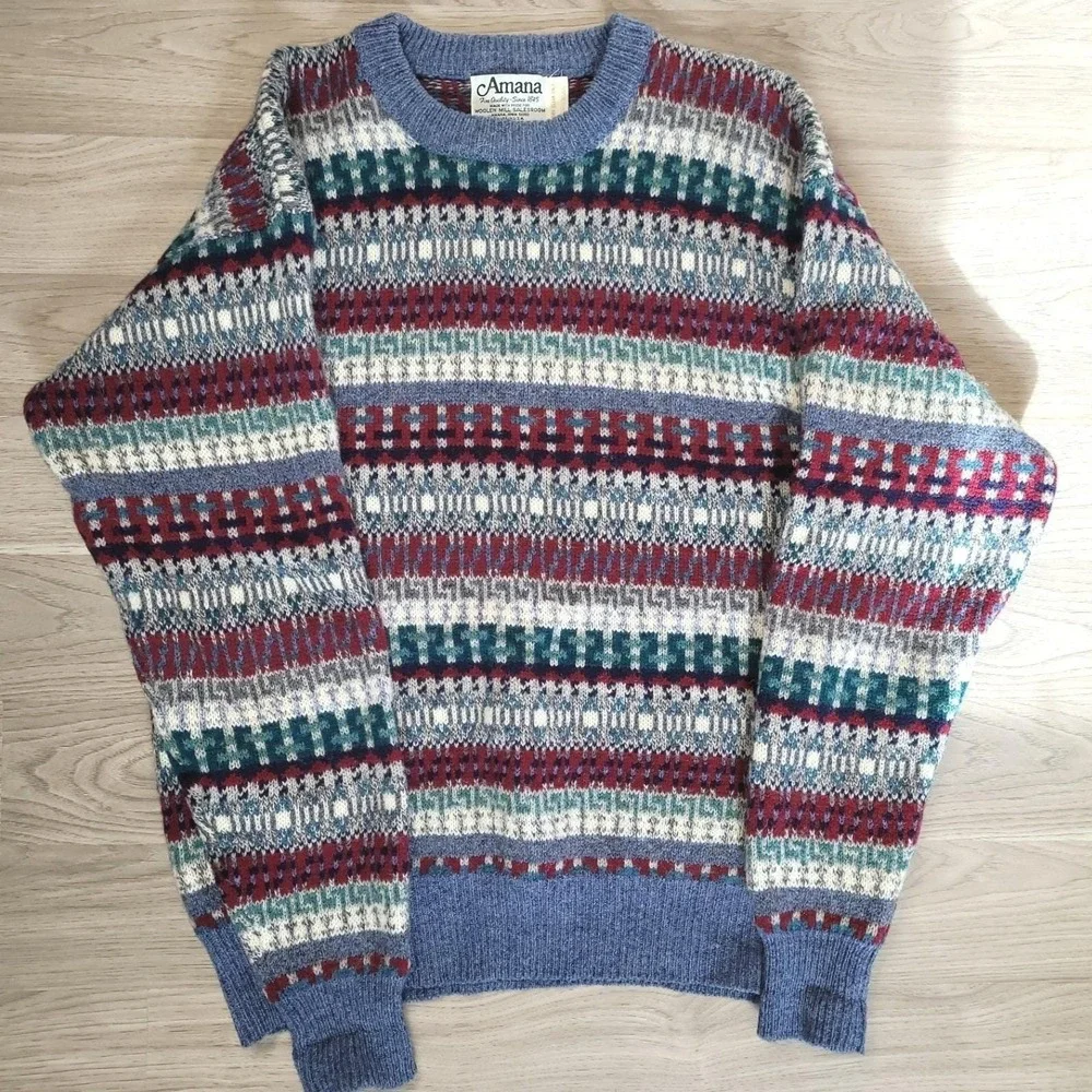 Vintage Amana Mens Blue Fair Isle Academia Teacher 100% Wool Crewneck Sweater  M